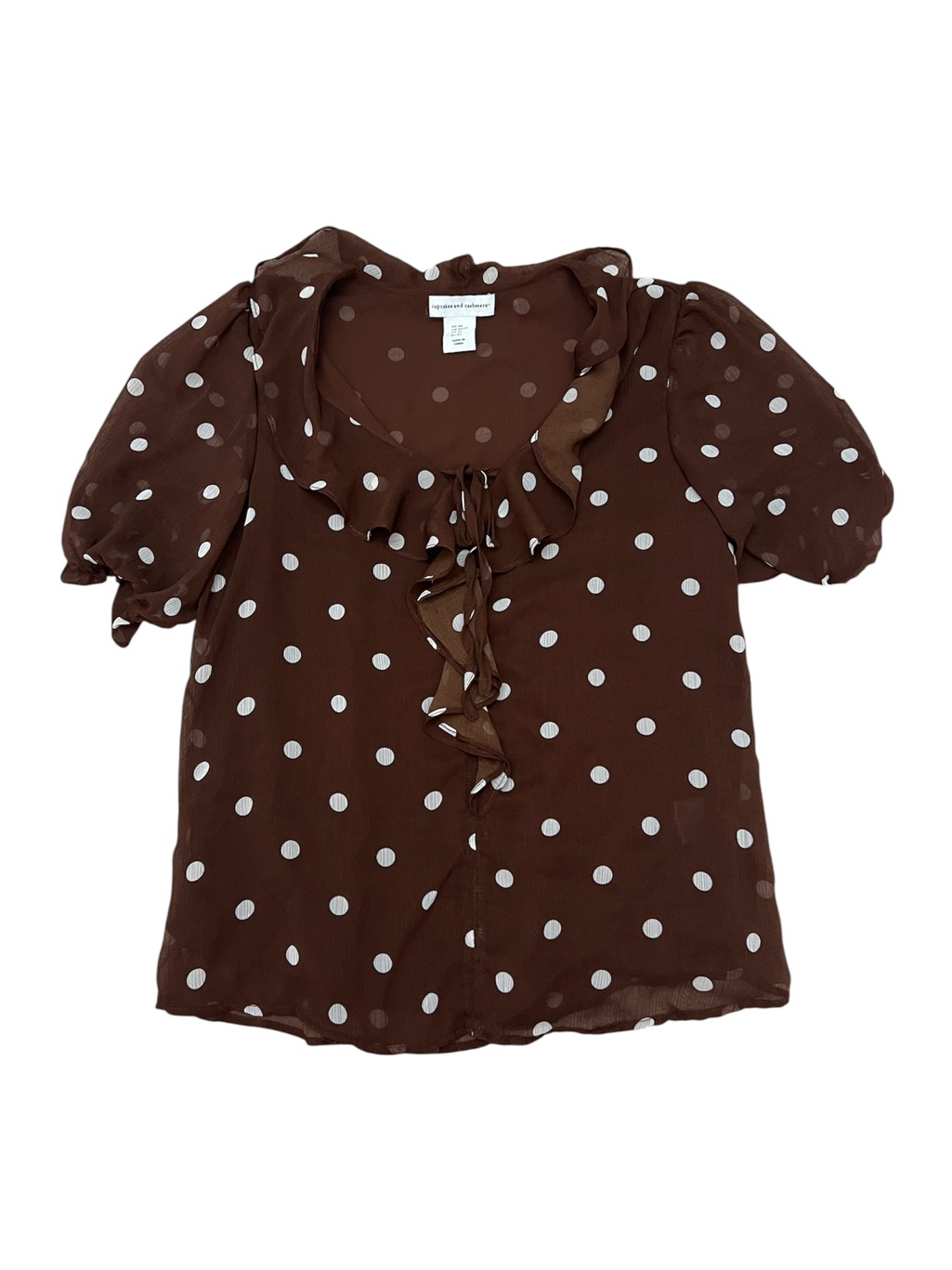 Cupcakes & Cashmere Semi-Sheer Romantic Brown & White Polka Dot Blouse Size Xs